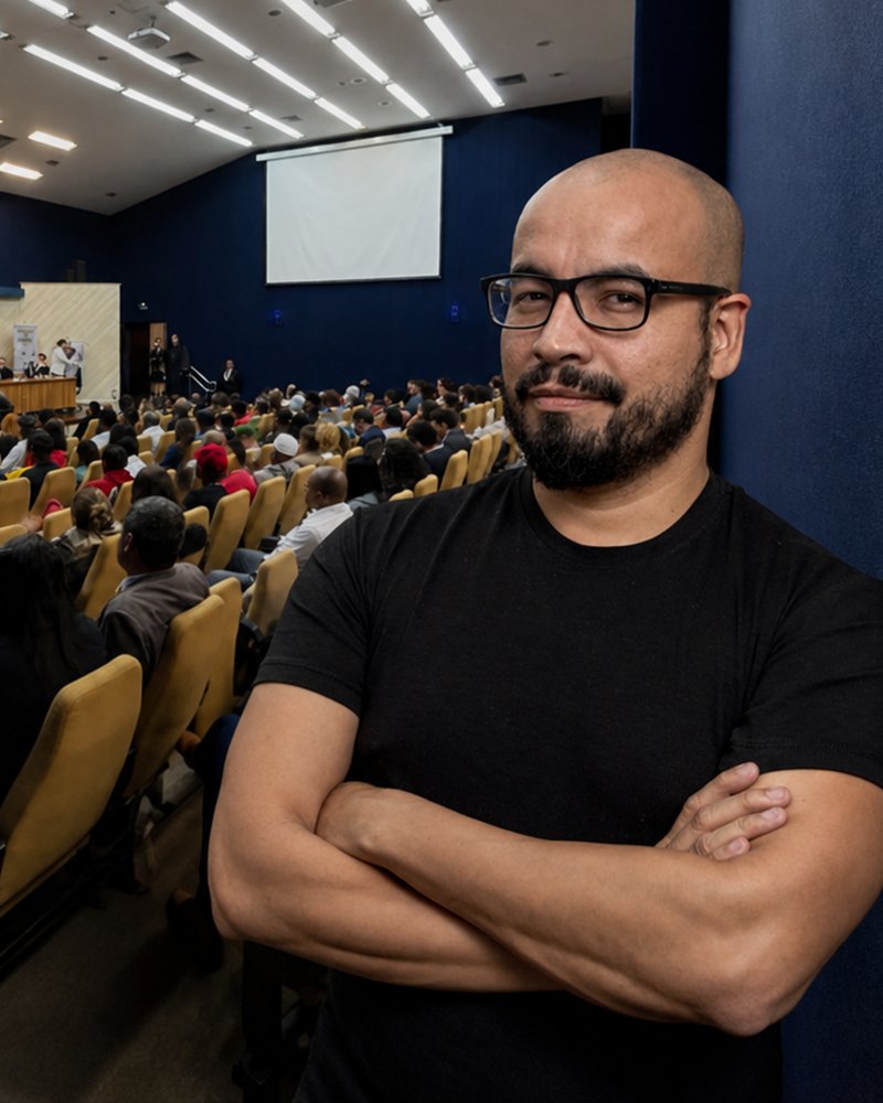 Juliano, fundador da Keynote Films, em auditório de congresso